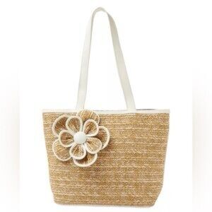 Bueno Collection Straw Tote Bag w/ Floral Appliqué Tan White - NWT